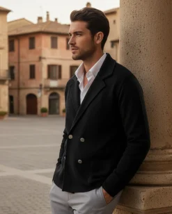 Cardigan uomo doppiopetto giacca bottoni metallo maglia links cotone casual nero GIOSAL-M2987A
