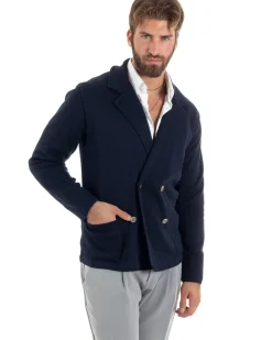 Cardigan uomo doppiopetto giacca con bottoni in metallo maglia links blu GIOSAL-M2892A