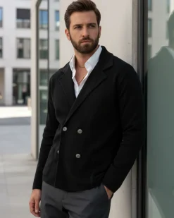 Cardigan uomo doppiopetto giacca con bottoni in metallo maglia links nero GIOSAL-M2894A