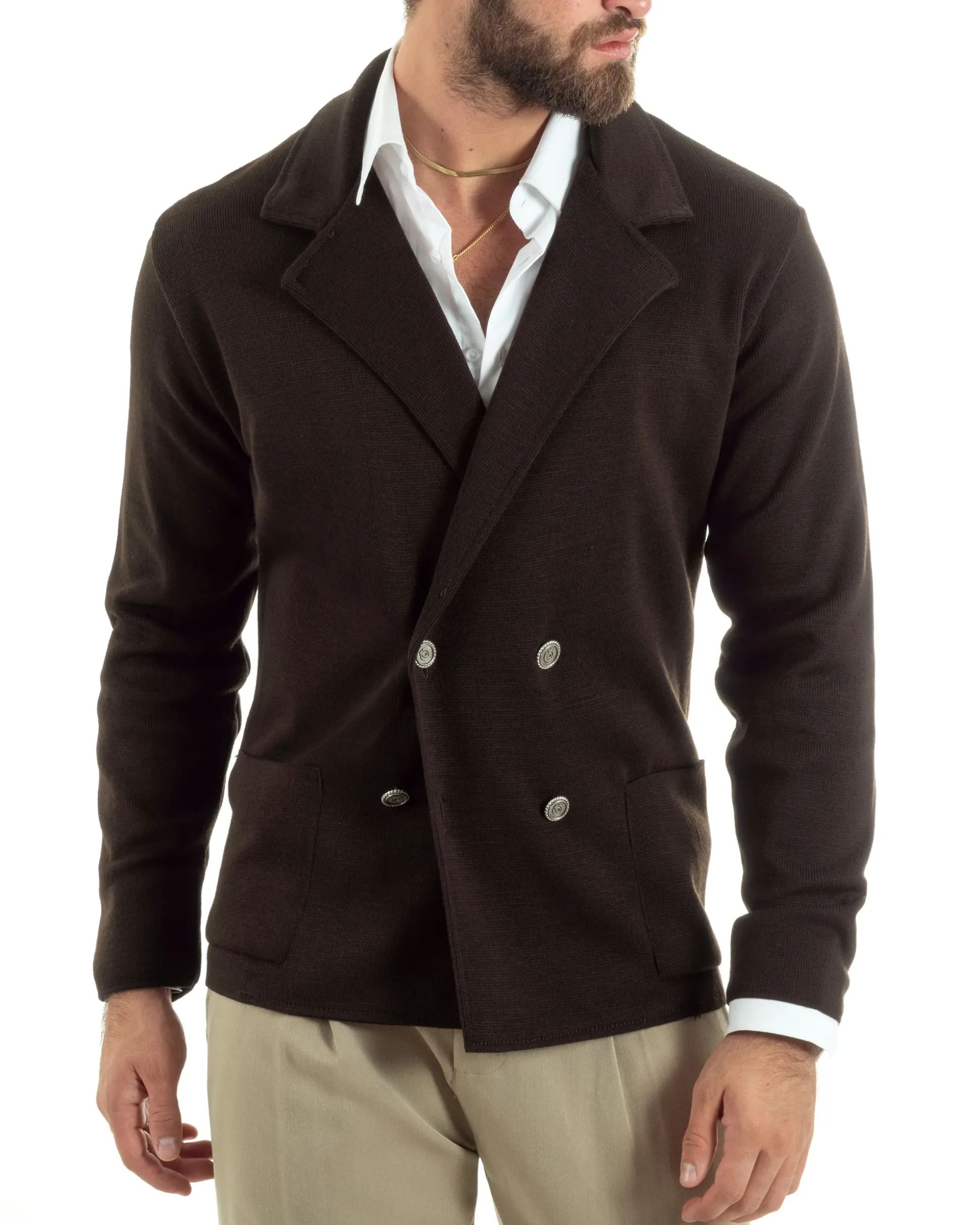 Cardigan uomo doppiopetto giacca bottoni metallo maglia links marrone GIOSAL-M2896A