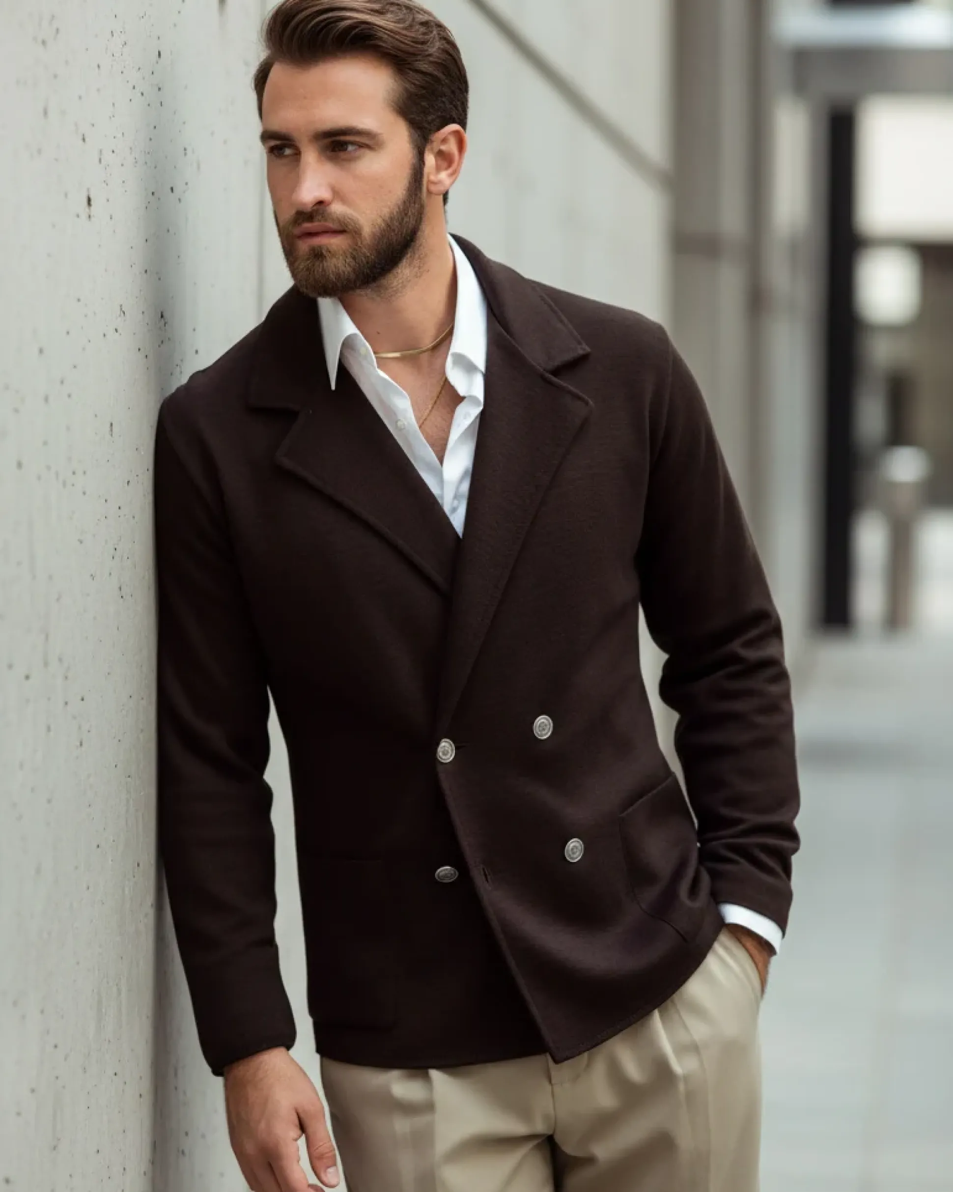 Cardigan uomo doppiopetto giacca bottoni metallo maglia links marrone GIOSAL-M2896A