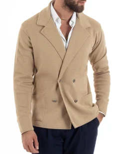 Cardigan uomo doppiopetto giacca bottoni metallo maglia links beige GIOSAL-M2893A