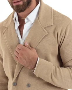 Cardigan uomo doppiopetto giacca bottoni metallo maglia links beige GIOSAL-M2893A