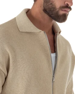 Cardigan uomo filo maglia colletto full zip spalle scese beige GIOSAL-M3094A