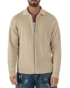 Cardigan uomo filo maglia colletto full zip spalle scese beige GIOSAL-M3094A