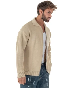 Cardigan uomo filo maglia colletto full zip spalle scese beige GIOSAL-M3094A