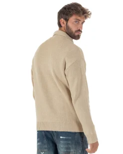 Cardigan uomo filo maglia colletto full zip spalle scese beige GIOSAL-M3094A