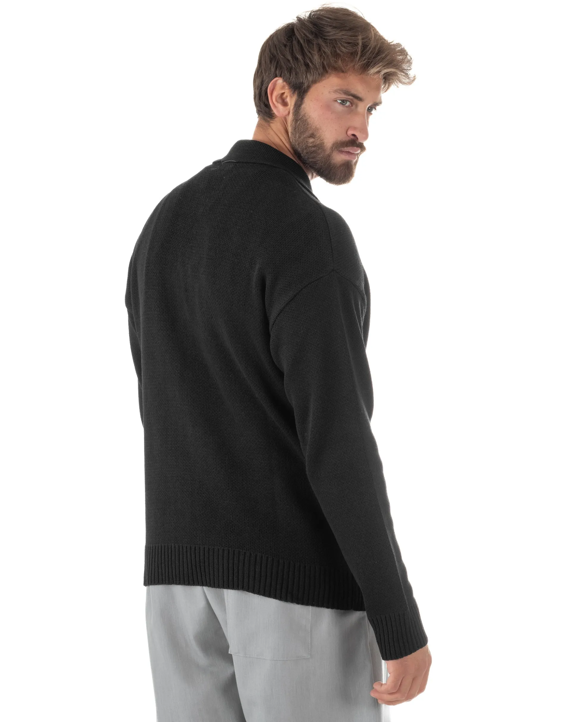 Cardigan uomo filo maglia colletto full zip spalle scese nero GIOSAL-M3095A