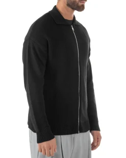 Cardigan uomo filo maglia colletto full zip spalle scese nero GIOSAL-M3095A