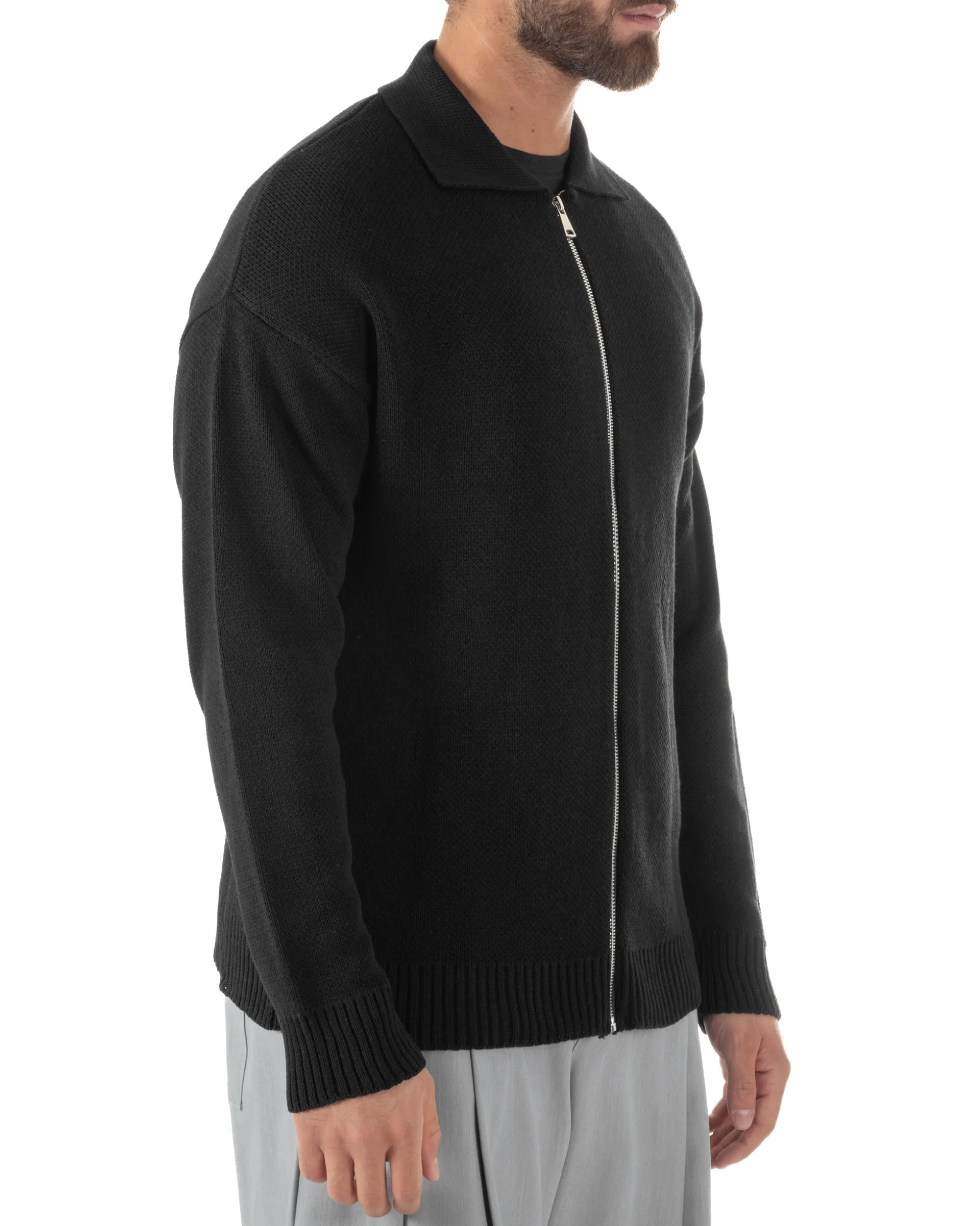 Cardigan uomo filo maglia colletto full zip spalle scese nero GIOSAL-M3095A