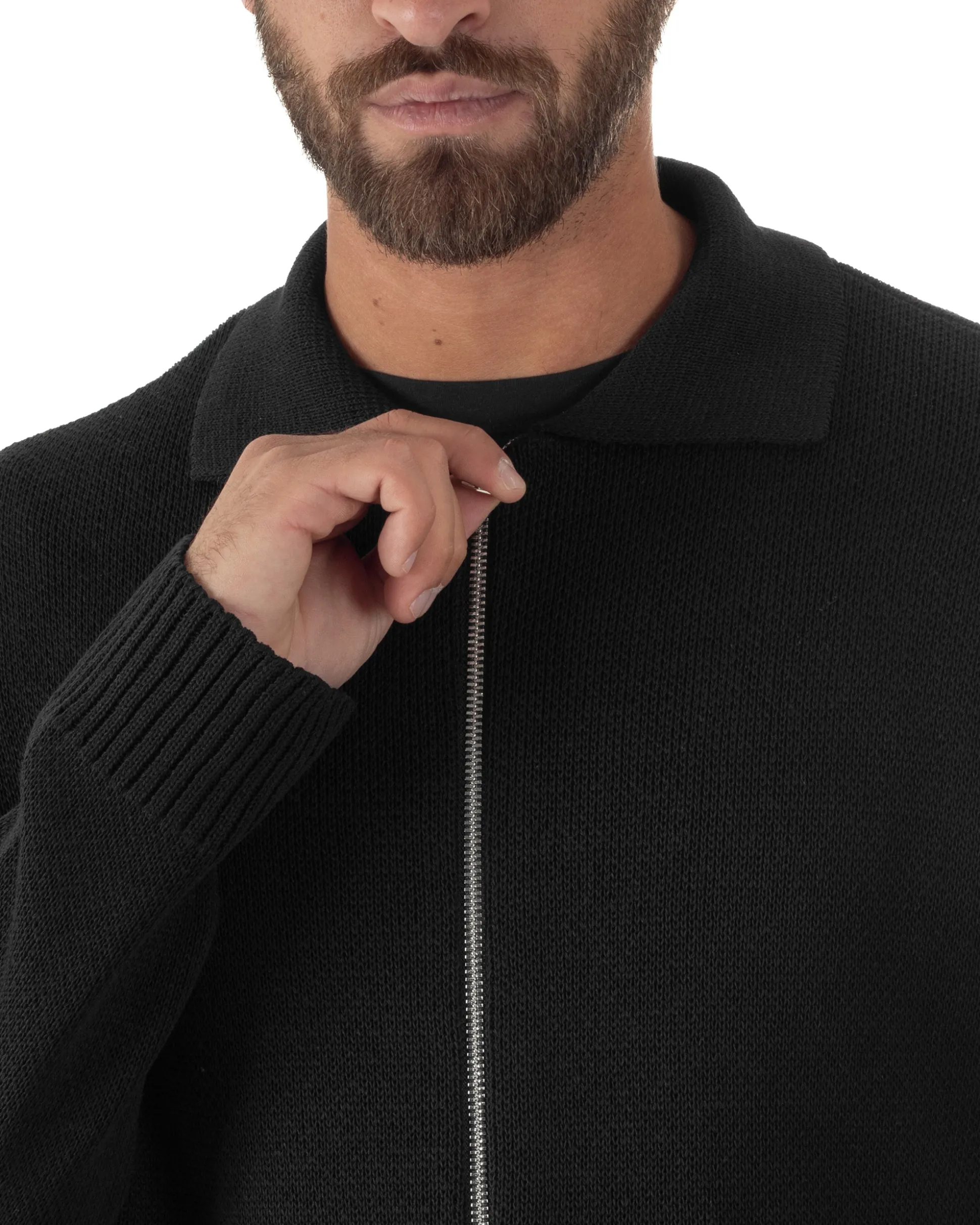 Cardigan uomo filo maglia colletto full zip spalle scese nero GIOSAL-M3095A