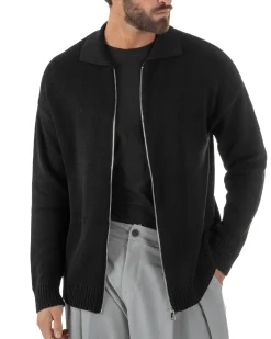 Cardigan uomo filo maglia colletto full zip spalle scese nero GIOSAL-M3095A