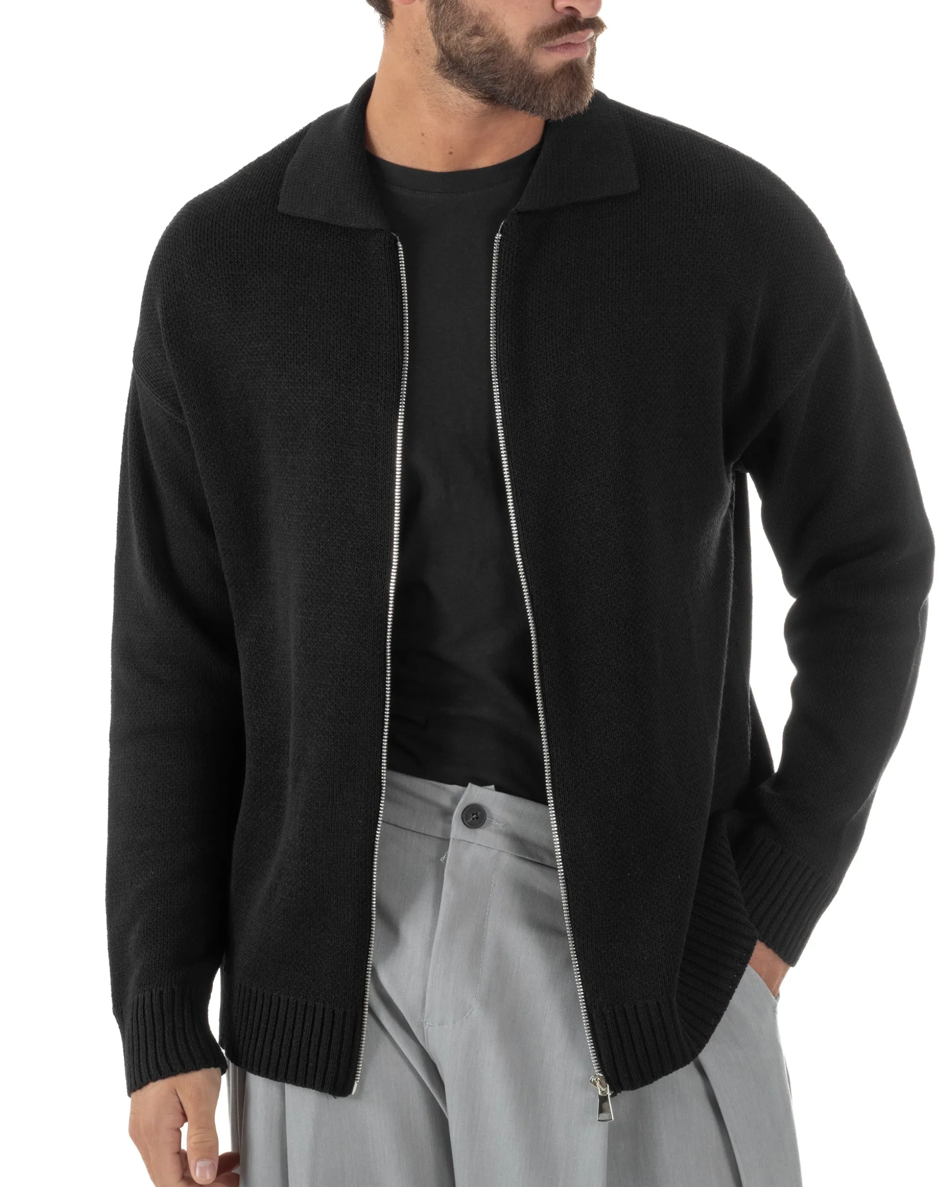 Cardigan uomo filo maglia colletto full zip spalle scese nero GIOSAL-M3095A
