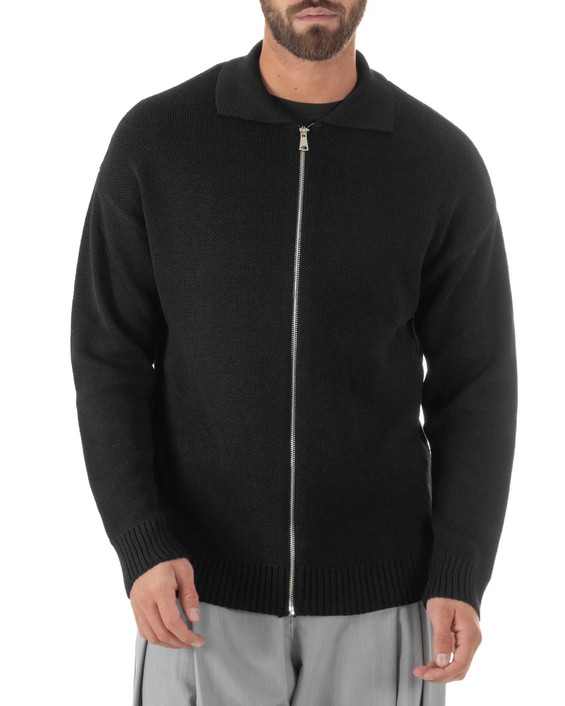 Cardigan uomo filo maglia colletto full zip spalle scese nero GIOSAL-M3095A