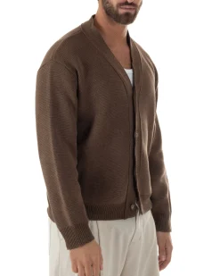 Cardigan uomo filo scollo v maglia cropped con bottoni boxy fit marrone GIOSAL-M3092A