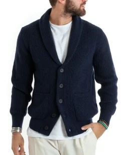 Cardigan uomo giacca bottoni maglia tasche toppa maglioncino collo scialle casual blu GIOSAL-M2736A