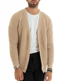Cardigan Uomo Giacca Con Bottoni Maglioncino Scollo V Maglia Inglese Beige GIOSAL-M2693A