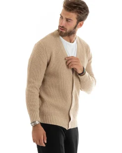 Cardigan Uomo Giacca Con Bottoni Maglioncino Scollo V Maglia Inglese Beige GIOSAL-M2693A