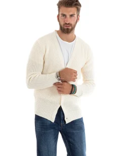 Cardigan Uomo Giacca Con Bottoni Maglioncino Scollo V Maglia Inglese Panna GIOSAL-M2695A