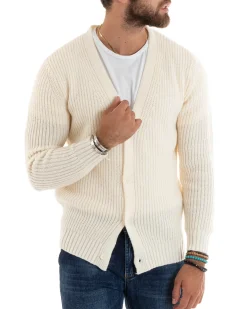Cardigan Uomo Giacca Con Bottoni Maglioncino Scollo V Maglia Inglese Panna GIOSAL-M2695A