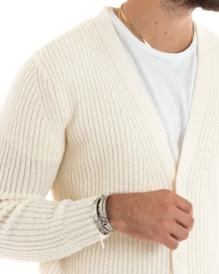 Cardigan Uomo Giacca Con Bottoni Maglioncino Scollo V Maglia Inglese Panna GIOSAL-M2695A