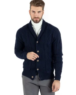 Cardigan Uomo Maglia Collo Sciallato Trecce Blu M2791A