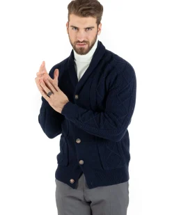 Cardigan Uomo Maglia Collo Sciallato Trecce Blu M2791A