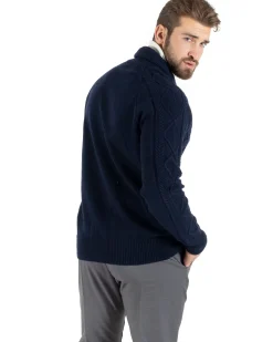 Cardigan Uomo Maglia Collo Sciallato Trecce Blu M2791A