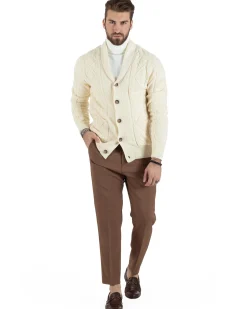 Cardigan Uomo Maglia Collo Sciallato Trecce Panna M2790A