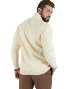 Cardigan Uomo Maglia Collo Sciallato Trecce Panna M2790A