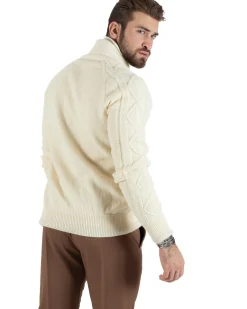 Cardigan Uomo Maglia Collo Sciallato Trecce Panna M2790A