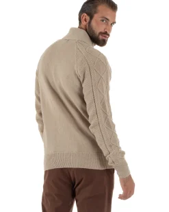 Cardigan Uomo Maglia Collo Sciallato Trecce Beige M3011A