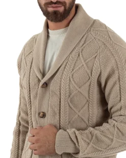 Cardigan Uomo Maglia Collo Sciallato Trecce Beige M3011A