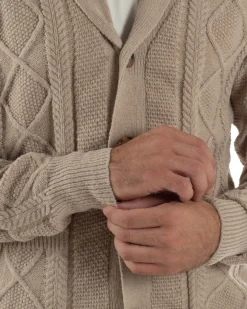 Cardigan Uomo Maglia Collo Sciallato Trecce Beige M3011A