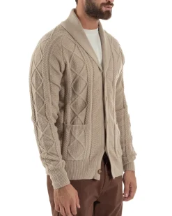 Cardigan Uomo Maglia Collo Sciallato Trecce Beige M3011A
