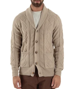 Cardigan Uomo Maglia Collo Sciallato Trecce Beige M3011A