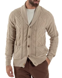Cardigan Uomo Maglia Collo Sciallato Trecce Beige M3011A