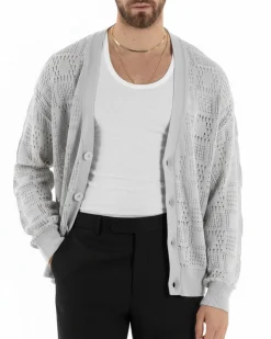 Cardigan Uomo Maglioncino Traforato Giacca Con Bottoni Grigio M2813A