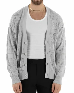 Cardigan Uomo Maglioncino Traforato Giacca Con Bottoni Grigio M2813A