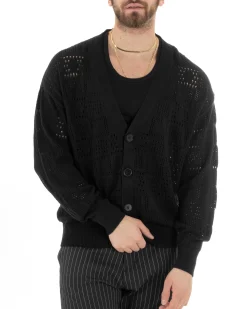 Cardigan Uomo Maglioncino Traforato Giacca Con Bottoni Nero M2812A