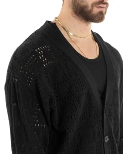 Cardigan Uomo Maglioncino Traforato Giacca Con Bottoni Nero M2812A
