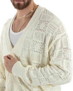 Cardigan Uomo Maglioncino Traforato Giacca Con Bottoni Panna M2814A