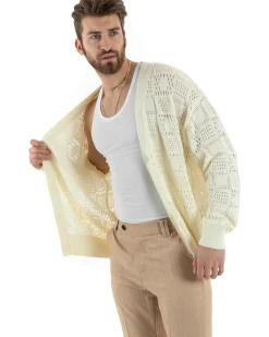 Cardigan Uomo Maglioncino Traforato Giacca Con Bottoni Panna M2814A