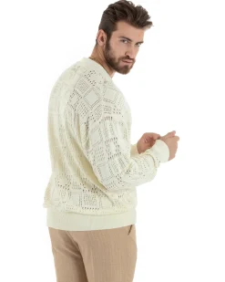 Cardigan Uomo Maglioncino Traforato Giacca Con Bottoni Panna M2814A