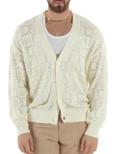 Cardigan Uomo Maglioncino Traforato Giacca Con Bottoni Panna M2814A