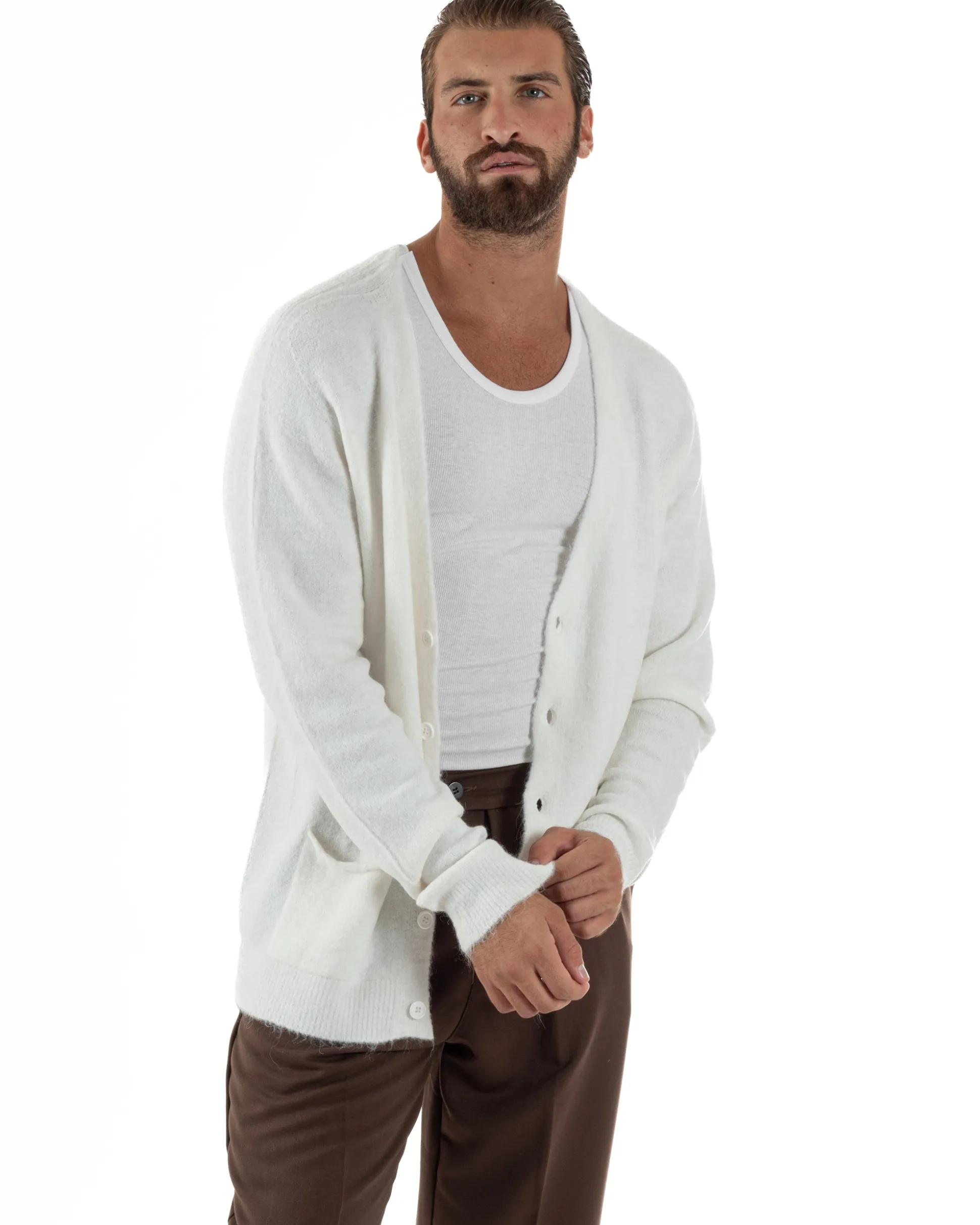 Cardigan Uomo Maglione Lana Relaxed Fit Basic Bianco BERNA M252038