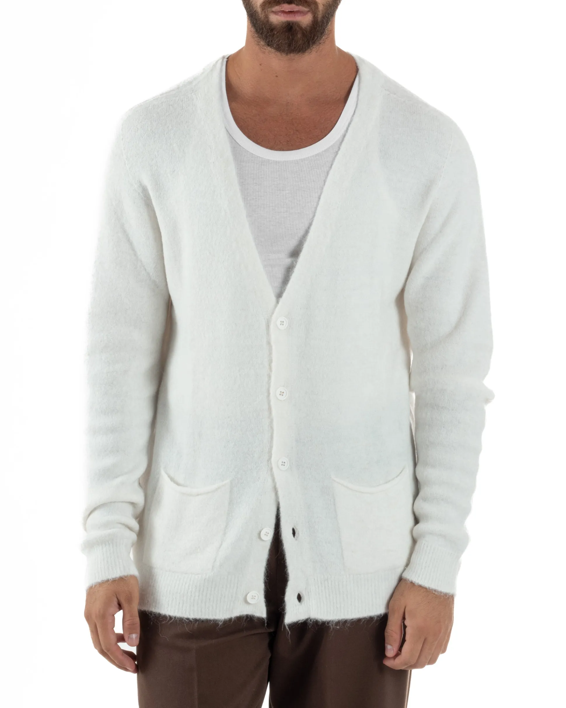 Cardigan Uomo Maglione Lana Relaxed Fit Basic Bianco BERNA M252038