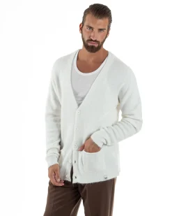 Cardigan Uomo Maglione Lana Relaxed Fit Basic Bianco BERNA M252038