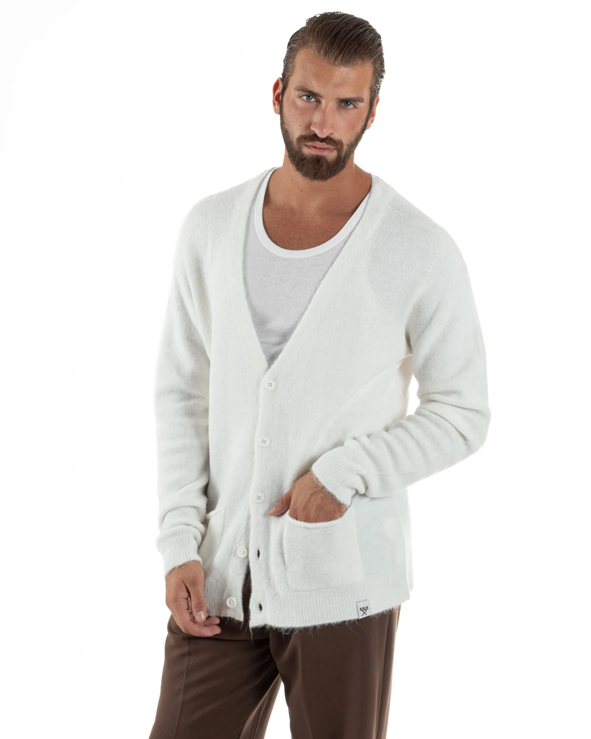 Cardigan Uomo Maglione Lana Relaxed Fit Basic Bianco BERNA M252038