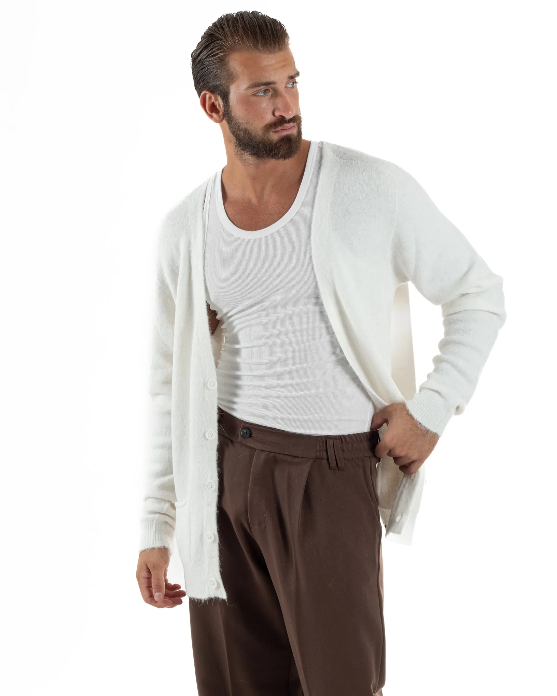 Cardigan Uomo Maglione Lana Relaxed Fit Basic Bianco BERNA M252038